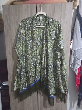 Kimono Cardigan Olive Green Floral Fringe Open-Front Kimono